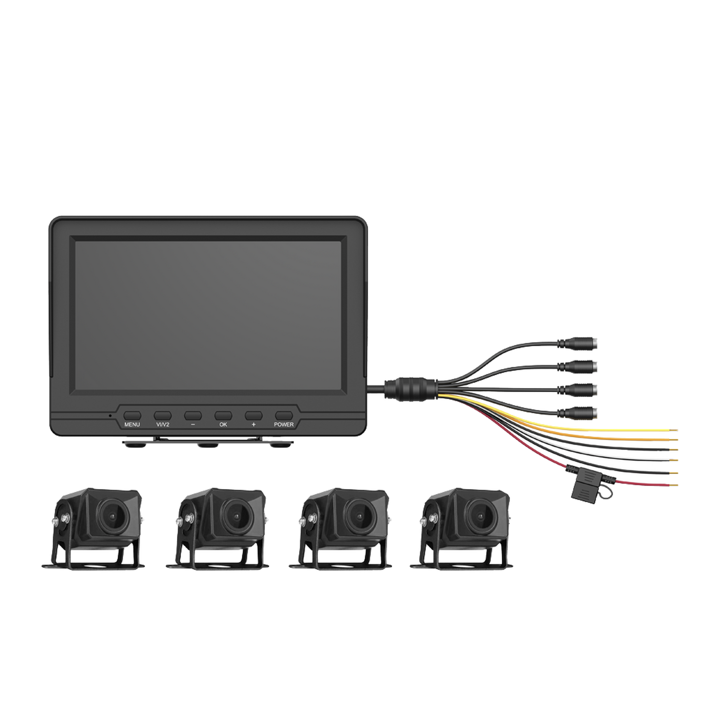 Sistema de Monitoreo Local / 4 Cámaras 1080p para Exterior (IP68) y Pantalla LCD de 7" a Color / Memoria Micro SD de 64 GB (Expandible a 512 GB) / Soporta Cambio de Cámara al Dar Reversa al Vehiculo / Accesorios de Instalación