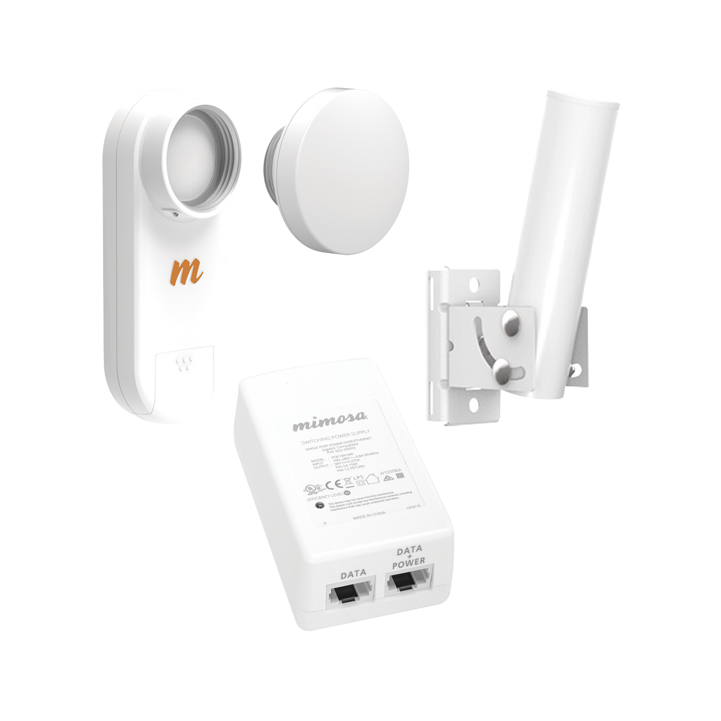 Kit de radios C5X, rango de frecuencia extendida (4.9 a 6.4 GHz), incluye inyector POE, montaje universal para tubo o poste Y una antena de 12 dBi