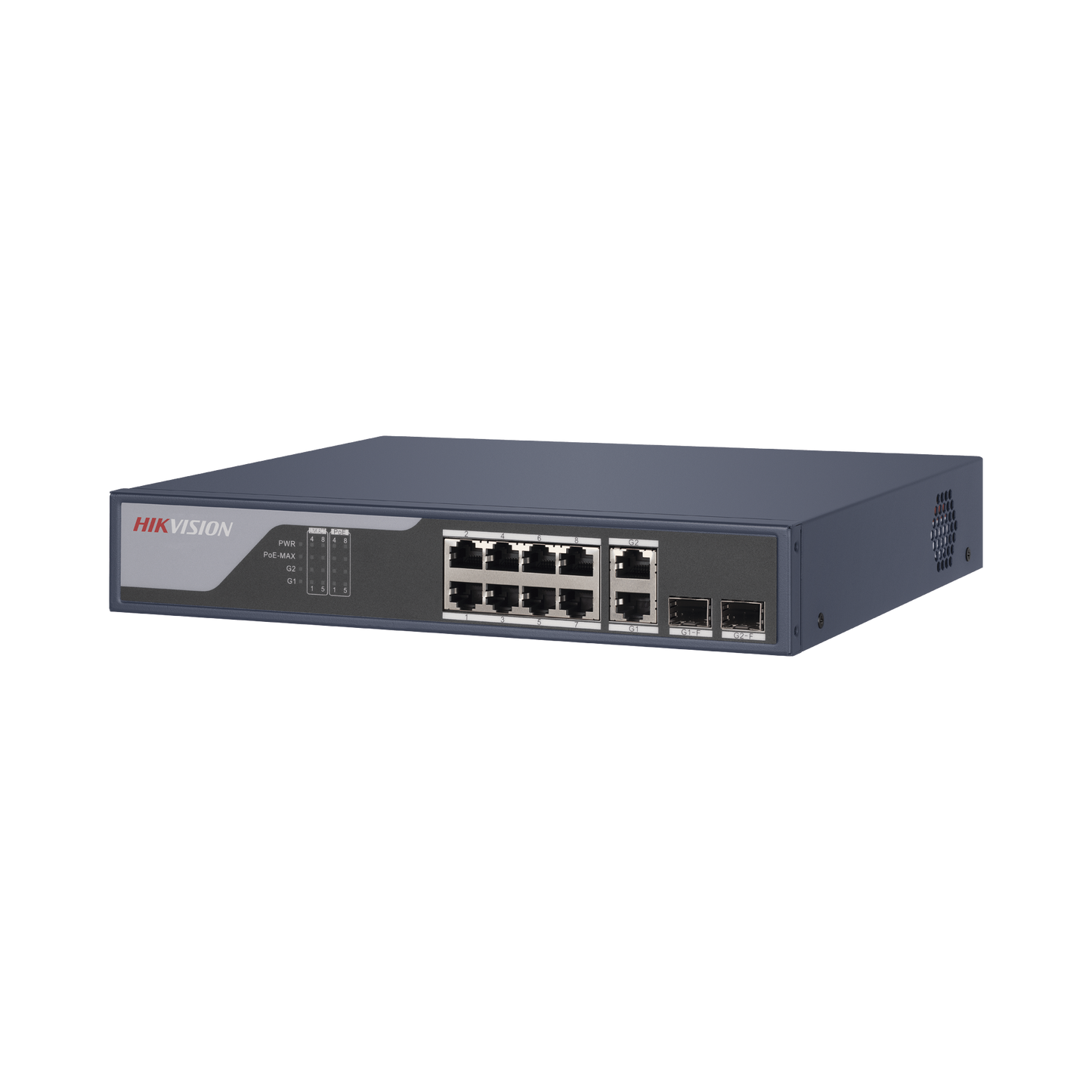 Switch PoE+ / Administrable / Uso en Rack / 8 Puertos 10/100 PoE+ / 2 Puertos 1000 Mbps Uplink / 2 Puertos SFP / Configuración Nube desde Hik-PartnerPro / Modo Extendido hasta 300 Metros / 125 W