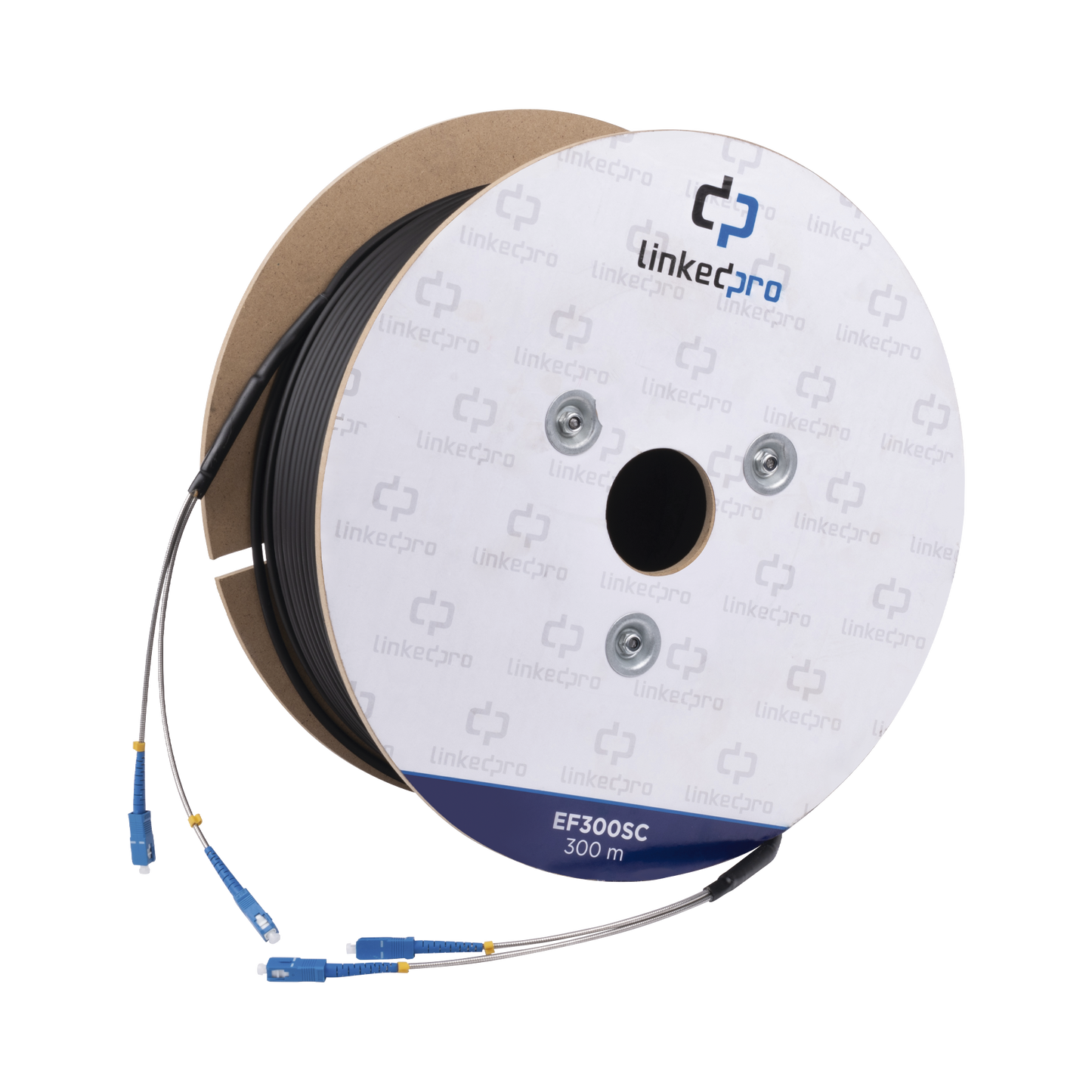 Carrete de Fibra Óptica Monomodo con Conectores SC-SC Duplex, Reforzada con Kevlar, de 300 metros, Para instalaciones subterráneas por tubería