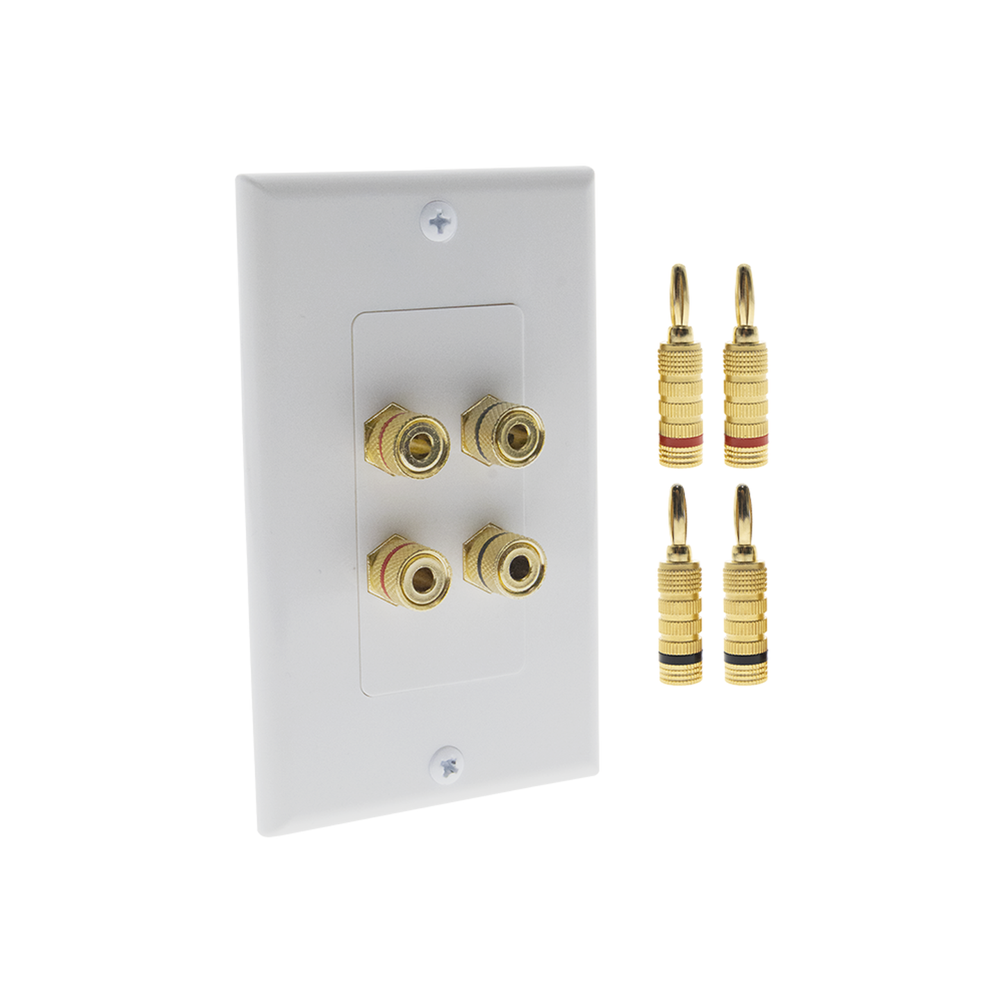 KIT 1 Placa de Pared + 2 Pares Conectores Banana (Rojo+Negro) | Postes de Unión Tipo Banana | Conexión para 2 Altavoces | Fácil Instalación | Conectores Chapados en Oro