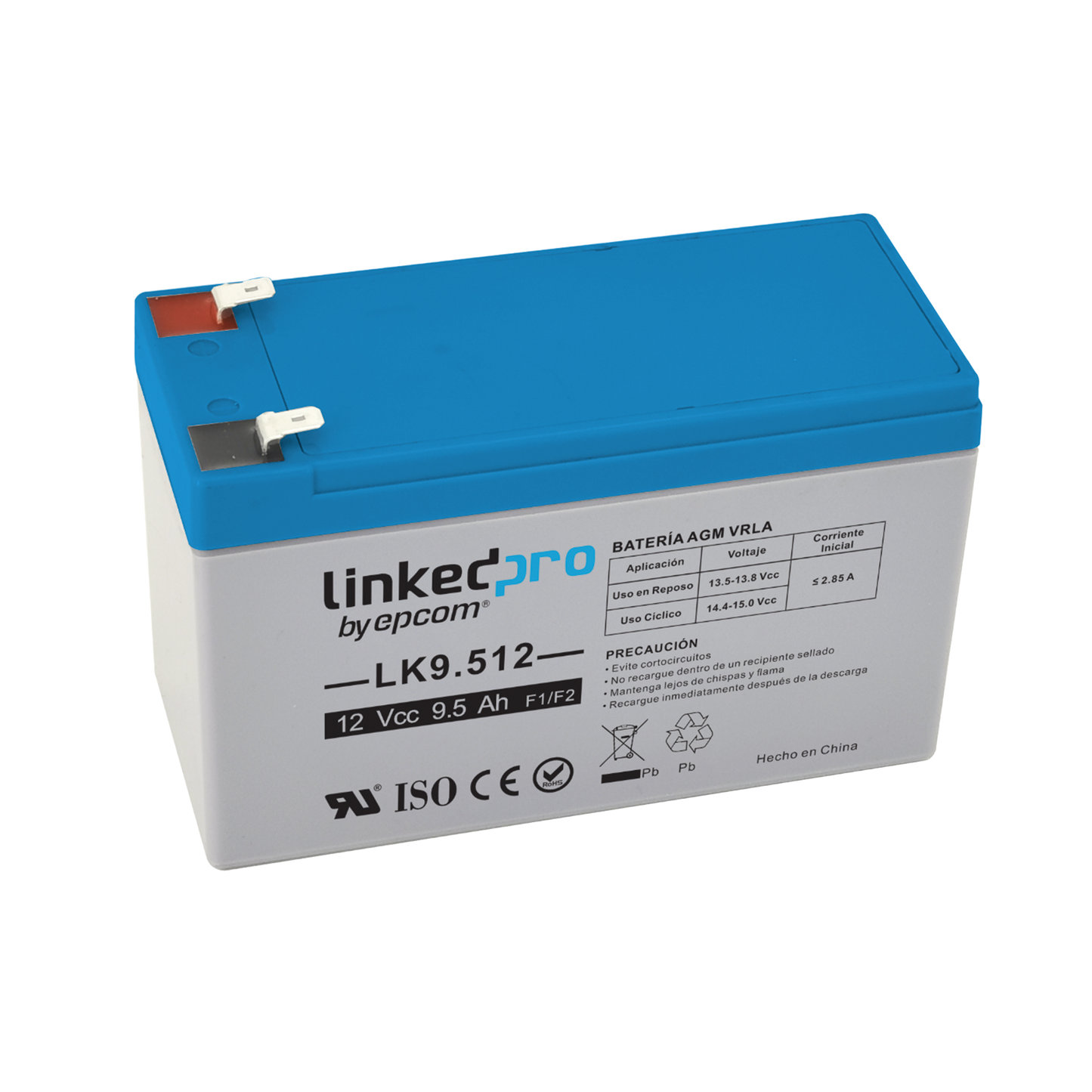 Batería 12 V / 9.5 Ah / UL / Tecnología AGM / Vida útil promedio 5 años / Para uso en equipo electrónico, Alarmas de Intrusión / Incendio/ Control de acceso / Video Vigilancia / Terminales F1 ( Incluye adaptador F