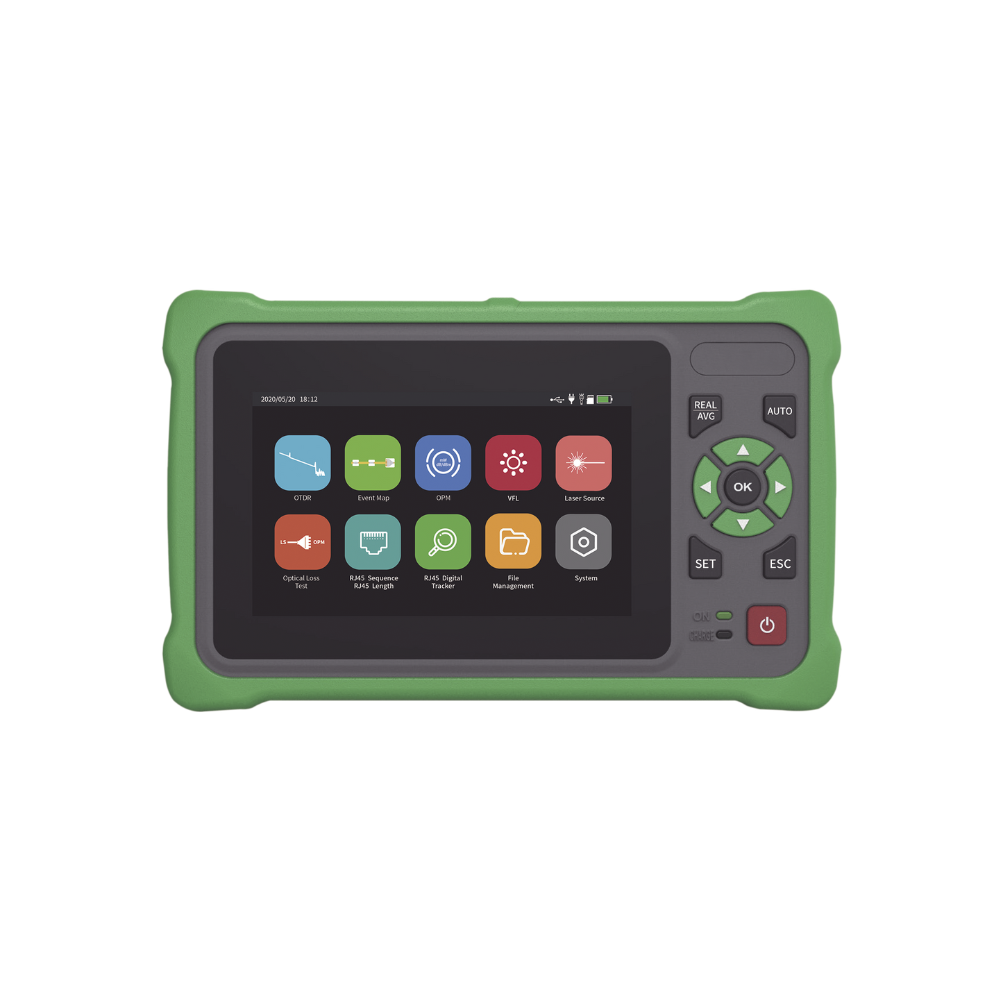 OTDR Touch para Pruebas en los Enlaces de Fibra Óptica / Longitudes de onda 1310nm y 1550nm / Función VFL 10mW / Función OPM / Función de Mapeo de cables de Red RJ45 / Recargable / Distancia de prueba de hasta 260km