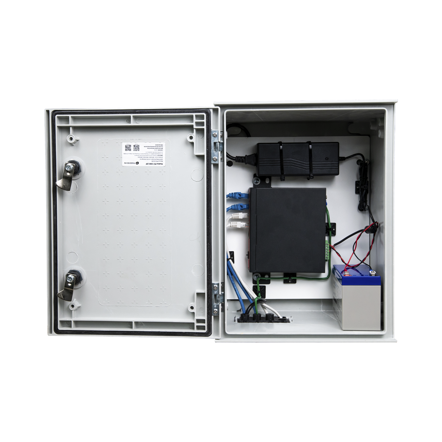 KIT de Gabinete de Poliéster (300 x 400 x 200 mm) + Controlador de Carga con Switch PoE (5) + Batería de 12V 7Ah