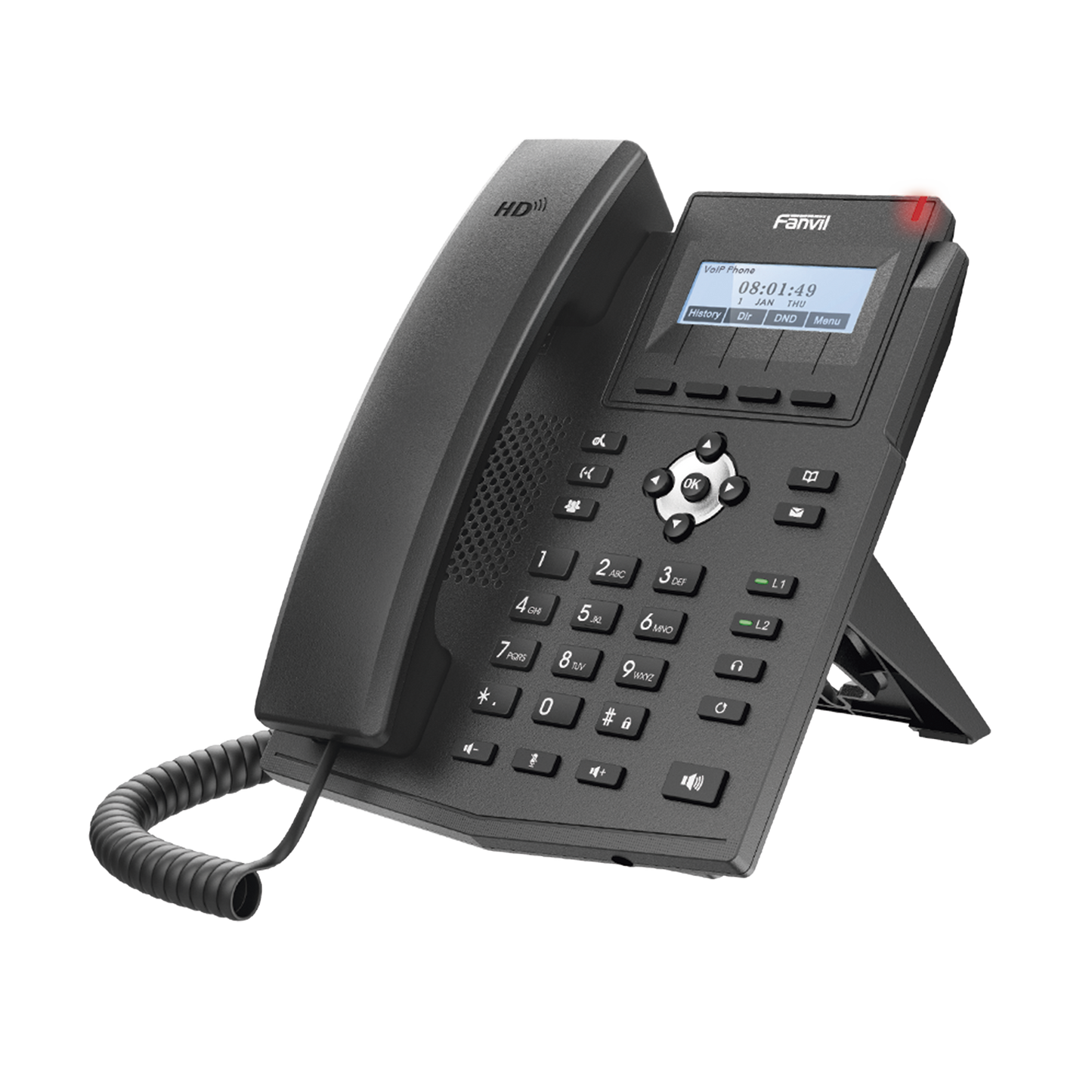 Teléfono IP empresarial para 2 lineas SIP con pantalla LCD, Puertos Gigabit, Códec Opus, conferencia de 3 vías, PoE.