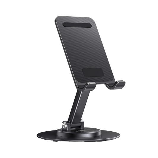 Soporte para Teléfono Celular Giratorio | 360° de Rotación | Angulo Ajustable | Altura Ajustable 17-20cm | Antideslizante | Ejes Giratorios de Alta Precisión| Plegable | Aluminio | Color Gris