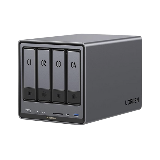 NASync DXP4800 Plus | SO UGOS Pro | Pentium Gold 8505 Intel® Core™ i5 | 4-Bahias (SATA) hasta 96TB | 2* M.2 SSD hasta 16TB | 8GB DDR5 (Exp. a 64GB) | 2 Ethernet | HDMI 4K | 2* USB2.0 | 1*USB 3.2Gen1 | 1* USB 3.2Gen2 | 1*USB-C 3.2Gen2 | SD 3.0