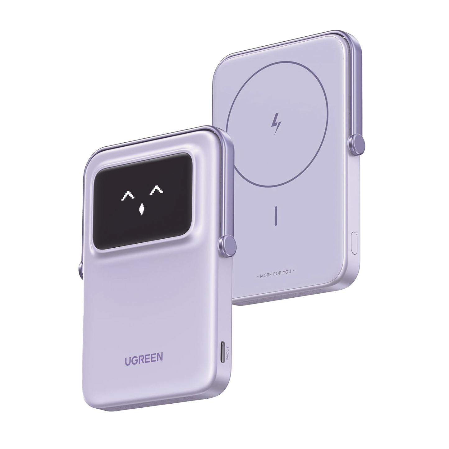 Power Bank Inalambrico | 5000mAh | 7.5W | Con Emojis de Estado | Carga Rápida USB-C Bidireccional | Pantalla TFT Inteligente | 13 niveles de Proteccion | Con Holder | Color Purple.