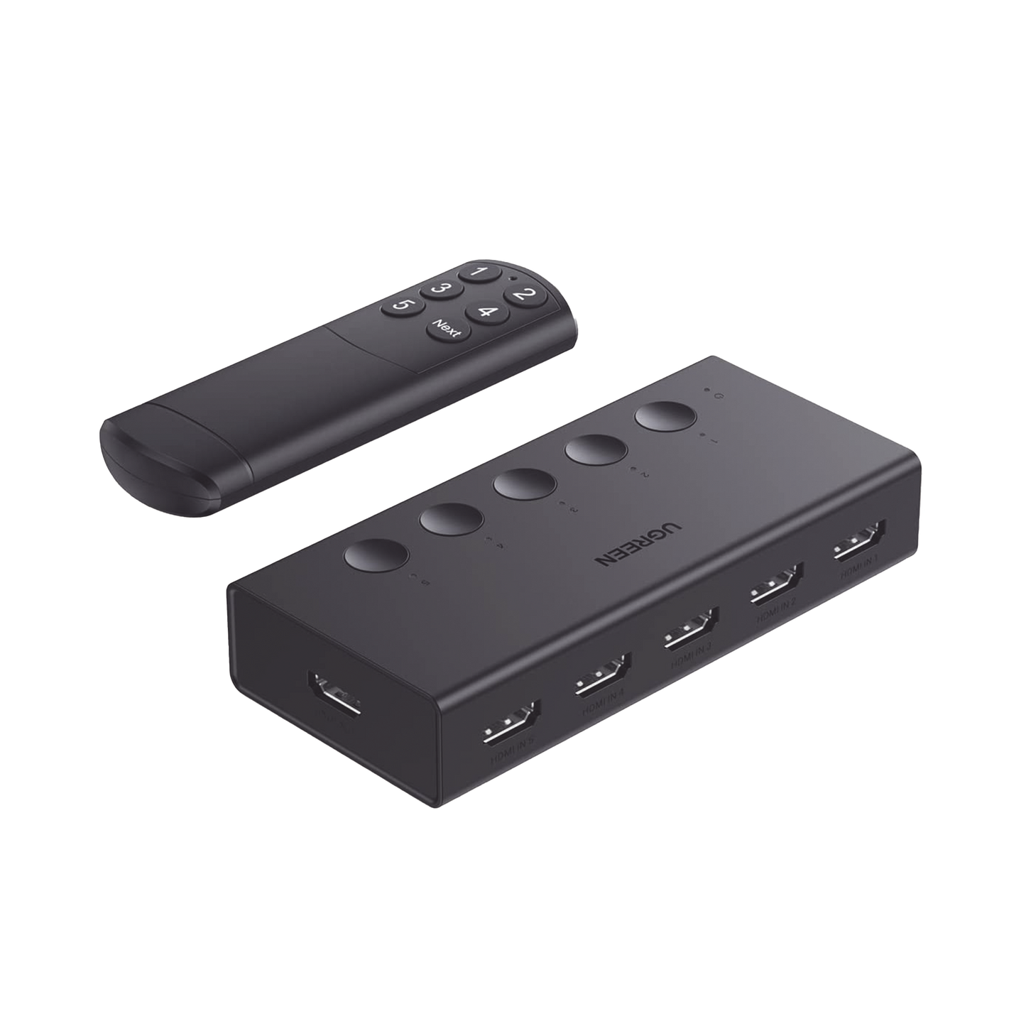 Conmutador HDMI 5X1 | 4K@60Hz | HDMI 2.0, 1.4 | HDCP 2.2, 1.4 | VRR | Dynamic HDR | 3D | CEC | EDID | IR 10m | 18Gbps | Cambio Manual y por Control Remoto | Incluye Cable de Alimentación USB.