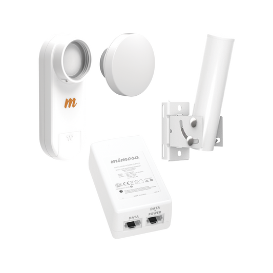 Kit de radios C5X, rango de frecuencia extendida (4.9 a 6.4 GHz), incluye inyector POE, montaje universal para tubo o poste Y una antena de 12 dBi