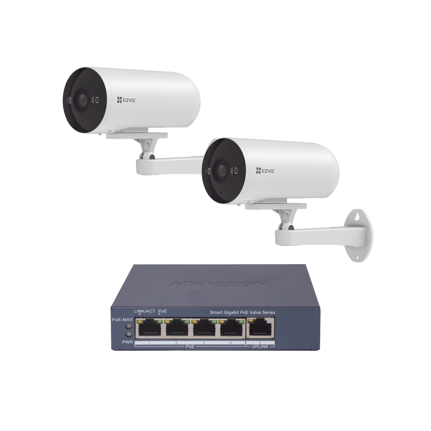 Kit de cámaras WiFi Para Uso en Exterior / PoE Estandar Af / 2 piezas CS-H5/3MP/ 1 Pieza de Switch DS-3E1505P-EI/M / Vision Nocturna a Color / IP67 / Audio Bidireccional / Luz y Sirena / 4 Puertos 1000 Mbps PoE+ / 1 Puerto 1000 Mbps Uplink