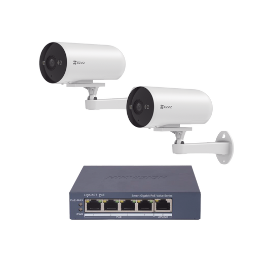 Kit de cámaras WiFi Para Uso en Exterior / PoE Estandar Af / 2 piezas CS-H5/3MP/ 1 Pieza de Switch DS-3E1505P-EI/M / Vision Nocturna a Color / IP67 / Audio Bidireccional / Luz y Sirena / 4 Puertos 1000 Mbps PoE+ / 1 Puerto 1000 Mbps Uplink