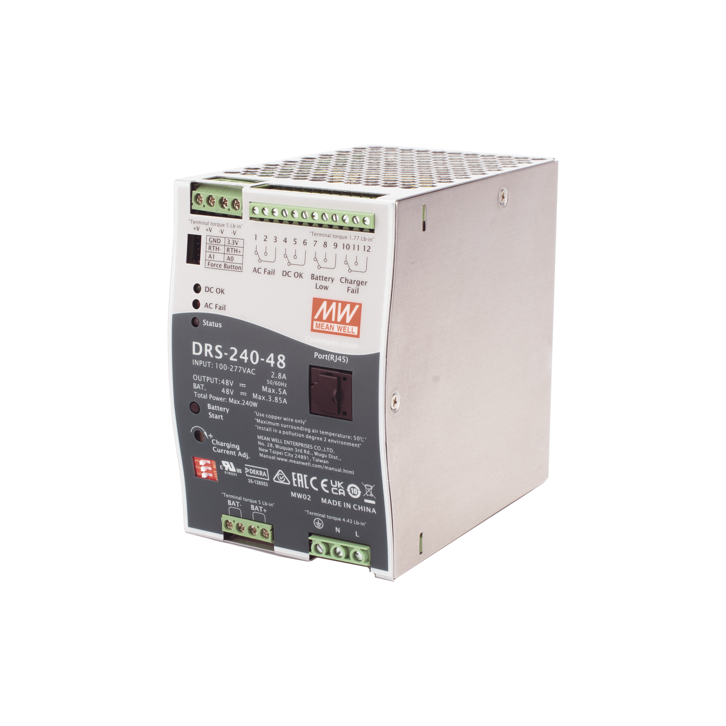 Fuente de Poder Industrial de 240W con Cargador de Baterías, salida 48Vcc, 5A, para montaje Riel Din