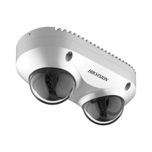PanoVu Series / Lente Dual de 4 Megapixel / 2 Lentes Fijos de 2.8 mm / Recomendado para Pasillos o Esquinas / IP67 / IK10 / PoE / WDR 120 dB / 10 mts IR / Entrada y Salida de Audio y Alarma / MicroSD