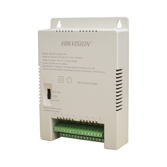 Fuente de Poder Regulada 12 Vcc / 13.5 Vcc / 15 Vcc para 16 Cámaras / 1 Amp por Salida / Voltaje de Entrada 90 - 130 VCA / Soporta 4K / Modo para Largas Distancias