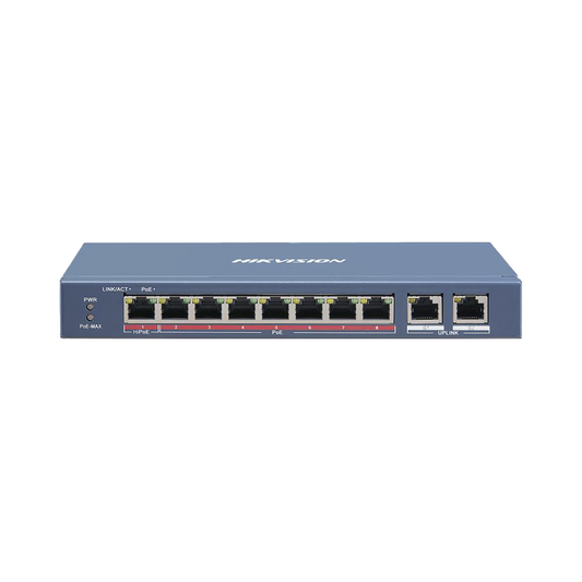 Switch PoE+ / No Administrable / 6 Puertos 10/100 Mbps 802.3 af/at (30 W) / 1 Puerto 10/100 Mbps Hi-PoE (90 W) / 2 Puertos 1000 Mbps Uplink / Modo Extendido hasta 300 Metros / 110 Watts