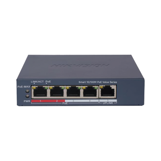 Switch PoE+ / Administrable / 4 Puertos 10/100 Mbps PoE+ / 1 Puerto 10/100 Mbps Uplink / Configuración Nube Hik-PartnerPro / Modo Extendido hasta 300 Metros / 45 W