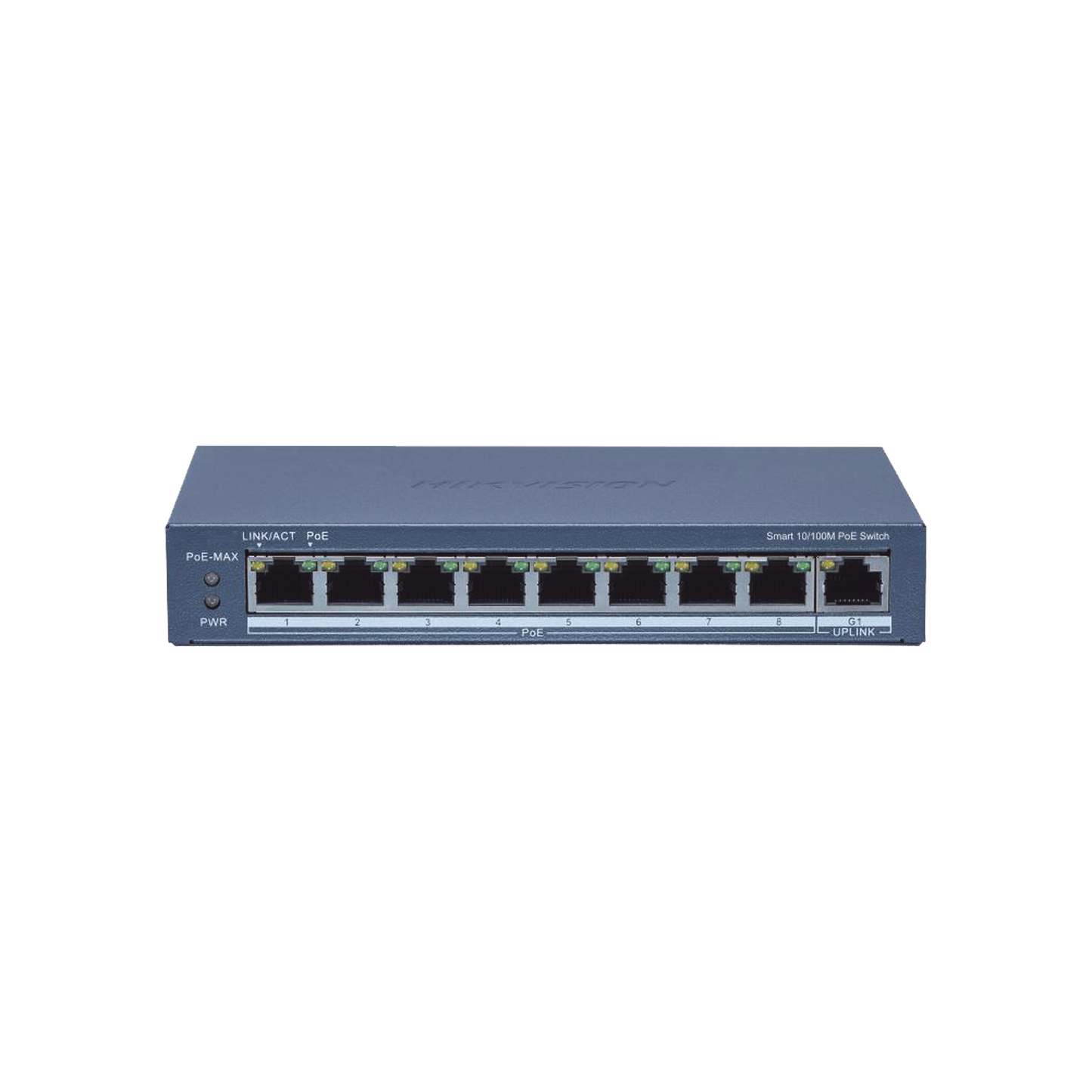 Switch Administrable PoE+ / 8 puertos 100 Mbps PoE+ / 1 puerto 1000 Mbps de Uplink / PoE hasta 300 Metros / Conexión Remota desde Hik-ParnerPro / 110 W