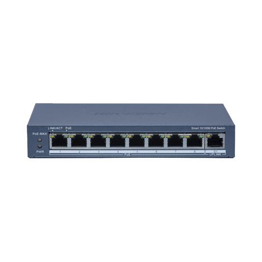 Switch PoE+ / Monitoreable / 8 Puertos 10/100 Mbps PoE+ / 1 Puerto 1000 Mbps Uplink / Configuración Nube Hik-Partner Pro / Modo Extendido hasta 300 metros / 60 W