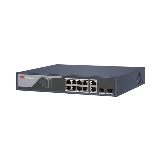 Switch PoE+ / Administrable / Uso en Rack / 8 Puertos 10/100 PoE+ / 2 Puertos 1000 Mbps Uplink / 2 Puertos SFP / Configuración Nube desde Hik-PartnerPro / Modo Extendido hasta 300 Metros / 125 W