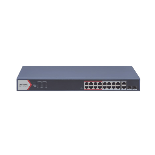 Switch PoE+ / Monitoreable / 16 puertos 10/100 Mbps PoE+ / 2 Puertos 1000 Mbps Uplink / 2 Puertos SFP de Uplink / Configuración Nube Hik-Partner Pro / Modo Extendido hasta 300 metros / 230 W