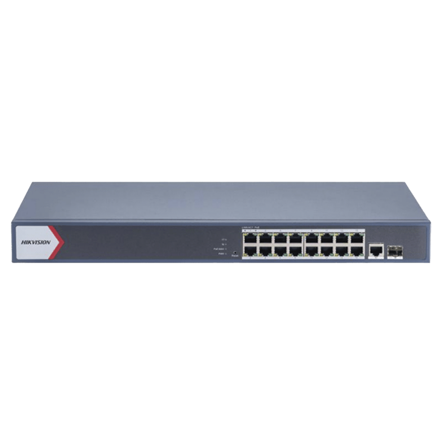 Switch Gigabit PoE+ / Monitoreable / 16 Puertos 1000 Mbps PoE+ / 1 Puerto 1000 Mbps de Uplink / 1 Puerto SFP / Configuración Nube desde Hik-PartnerPro / Modo Extendido hasta 300 Metros / 130 Watts