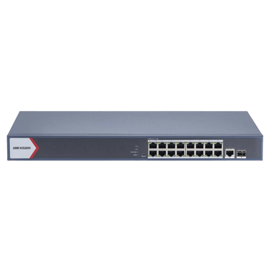 Switch Gigabit PoE+ / Monitoreable / 16 Puertos 1000 Mbps PoE+ / 1 Puerto 1000 Mbps de Uplink / 1 Puerto SFP / Configuración Nube desde Hik-PartnerPro / Modo Extendido hasta 300 Metros / 130 Watts