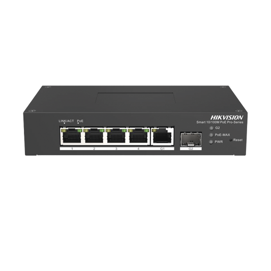 Switch PoE+ Industrial de Escritorio / Administrable / 4 Puertos 10/100 Mbps PoE+ / 1 Puerto 1000 Mbps Uplink / 1 Puertos SFP / Configuración Nube Hik-PartnerPro / Modo Extendido hasta 300 Metros / 60 Watts