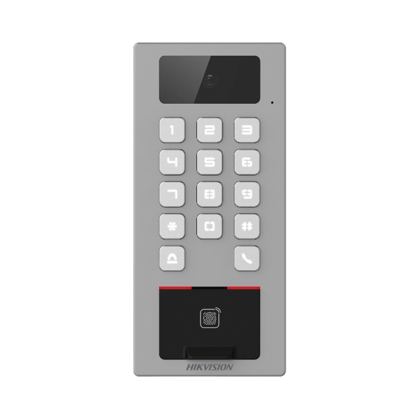 Lector Biometrico con Teclado para Exterior Antivandálico IP65 & IK09 con función de Videoportero Multiapartamento / Huella, Tarjeta, Código QR, PIN o App HikConnect / Cámara 2 MP compatible con NVRs / Soporta biom