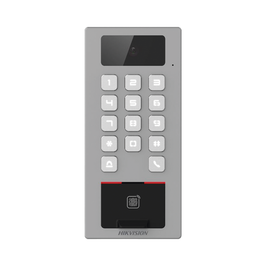 Lector Biometrico con Teclado para Exterior Antivandálico IP65 & IK09 con función de Videoportero Multiapartamento / Huella, Tarjeta, Código QR, PIN o App HikConnect / Cámara 2 MP compatible con NVRs / Soporta biom