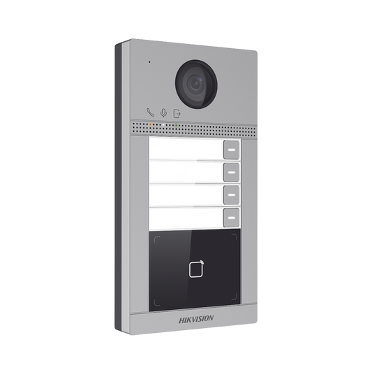 Videoportero IP 2 Megapixel / Llamada y Apertura Remota desde App Hik-Connect (Requiere monitor )/ PoE / Exterior IP65 + Antivandalico IK08 / 4 Departamento / Apertura con Tarjeta / Soporta 2 Puertas y hasta 6 Monitores