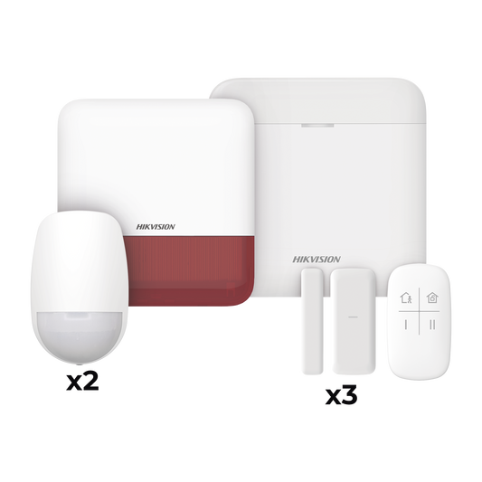 (AX PRO) KIT de Alarma AX PRO con GSM (3G/4G) / Incluye: 1 Hub con bateria de respaldo / 2 Sensores PIR / 3 Contactos Magnéticos mini / 1 Control Remoto / 1 Sirena estrobo Roja Inalambrica Exterior / WiFi / Compatible con Hik-Connect P2P
