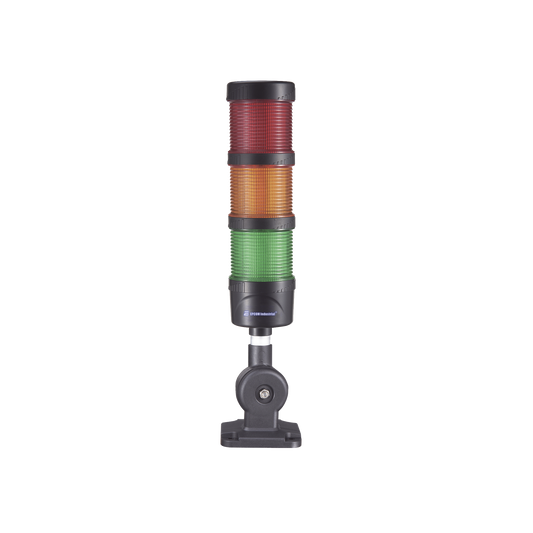 Torre LED Indicadora de estado de 3 niveles color Rojo, Ámbar y Verde, con Buzzer integrado a 85 dB, a 110-240 VCA con Montaje incluido de 60 mm de diámetro