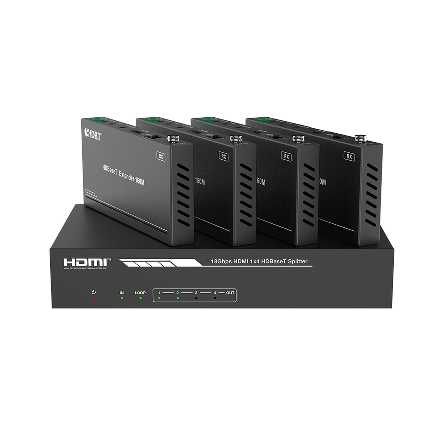 Splitter mas Extensor de Video | 1x4 | ProAV | HDBaseT™ | 120m en 4K@60Hz | 150m en 1080p@60Hz | Cat6/6a/7 | Gestión Avanzada EDID | Control IR y RS232 | PoC | Salida de Audio