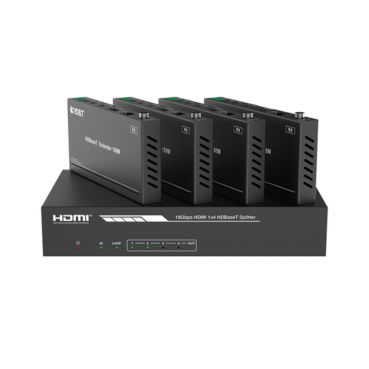 Splitter mas Extensor de Video | 1x4 | ProAV | HDBaseT™ | 120m en 4K@60Hz | 150m en 1080p@60Hz | Cat6/6a/7 | Gestión Avanzada EDID | Control IR y RS232 | PoC | Salida de Audio