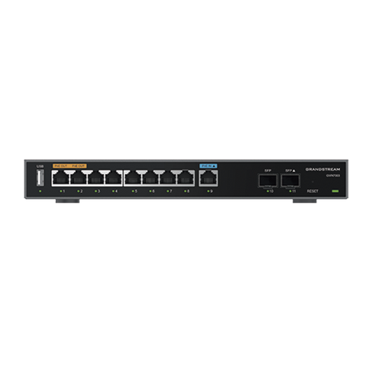 Router Gigabit VPN / Balanceador de cargas / 60,000 sesiones NAT / 9 puertos 10/100/1000 Mbps + 2 puertos SFP (WAN/LAN) / 1 puerto entrada PoE(af/at) / 2 puertos salida PoE (af/at) / Compatible con GWN Cloud.