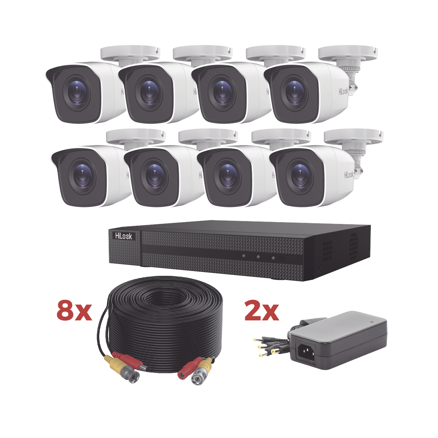 Kit TurboHD / DVR 8 Canales 1080p Lite / 8 Cámaras bala 1080p metalicas / 8 cables de 20 metros / 2 fuentes de 4 canales