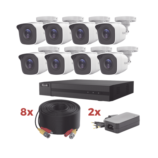 Kit TurboHD / DVR 8 Canales 1080p Lite / 8 Cámaras bala 1080p metalicas / 8 cables de 20 metros / 2 fuentes de 4 canales