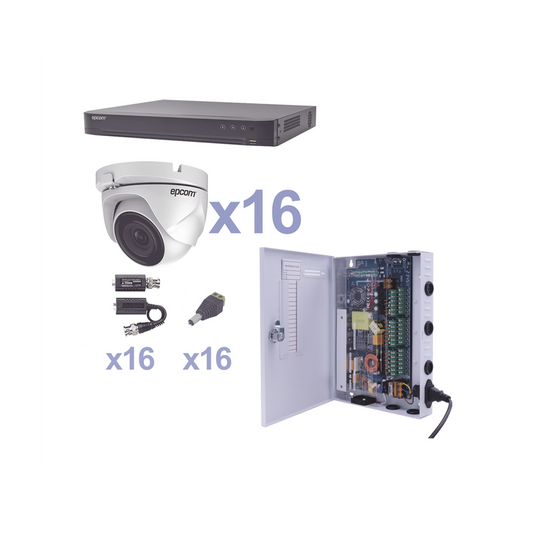 KIT TurboHD 1080p / DVR 16 Canales / 16 Cámaras Eyeball (exterior 2.8 mm) / Transceptores / Conectores / Fuente de Poder Profesional