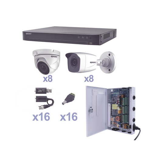 KIT TurboHD 1080p / DVR 16 Canales / 8 Cámaras Bala (exterior 2.8 mm) / 8 Cámaras Eyeball (exterior 2.8 mm) / Transceptores / Conectores / Fuente de Poder Profesional