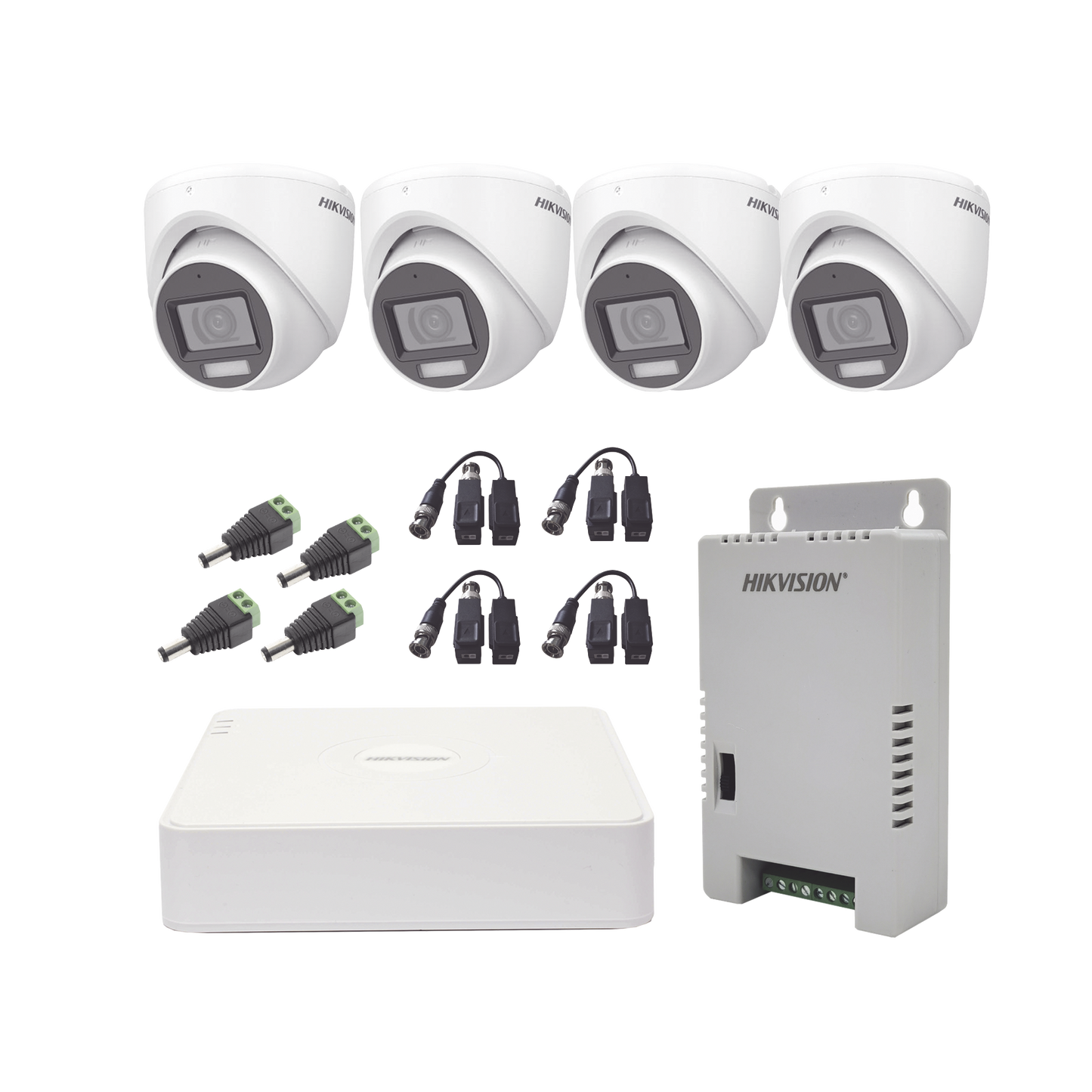 KIT TurboHD 1080p / DVR 4 Canales con audio por coaxitron / 4 Cámaras con Micrófono y 106° Visión/ luz blanca + IR visión nocturna / Transceptores / Conectores / Fuente de Poder Profesional