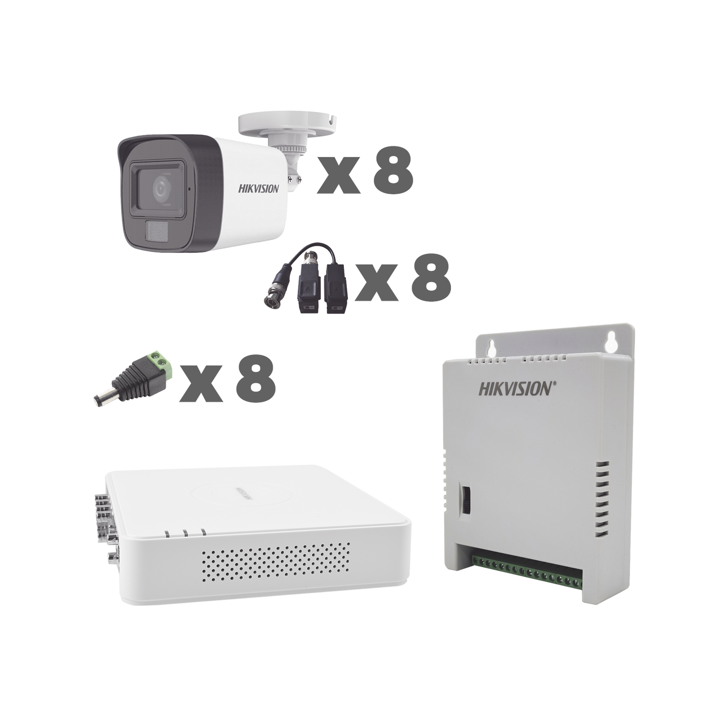 KIT TurboHD 1080p / DVR 8 Canales con audio por coaxitron / 8 Cámaras con Micrófono Integrado 101° Visión/ luz blanca + IR visión nocturna / Transceptores / Conectores / Fuente de Poder Profesional