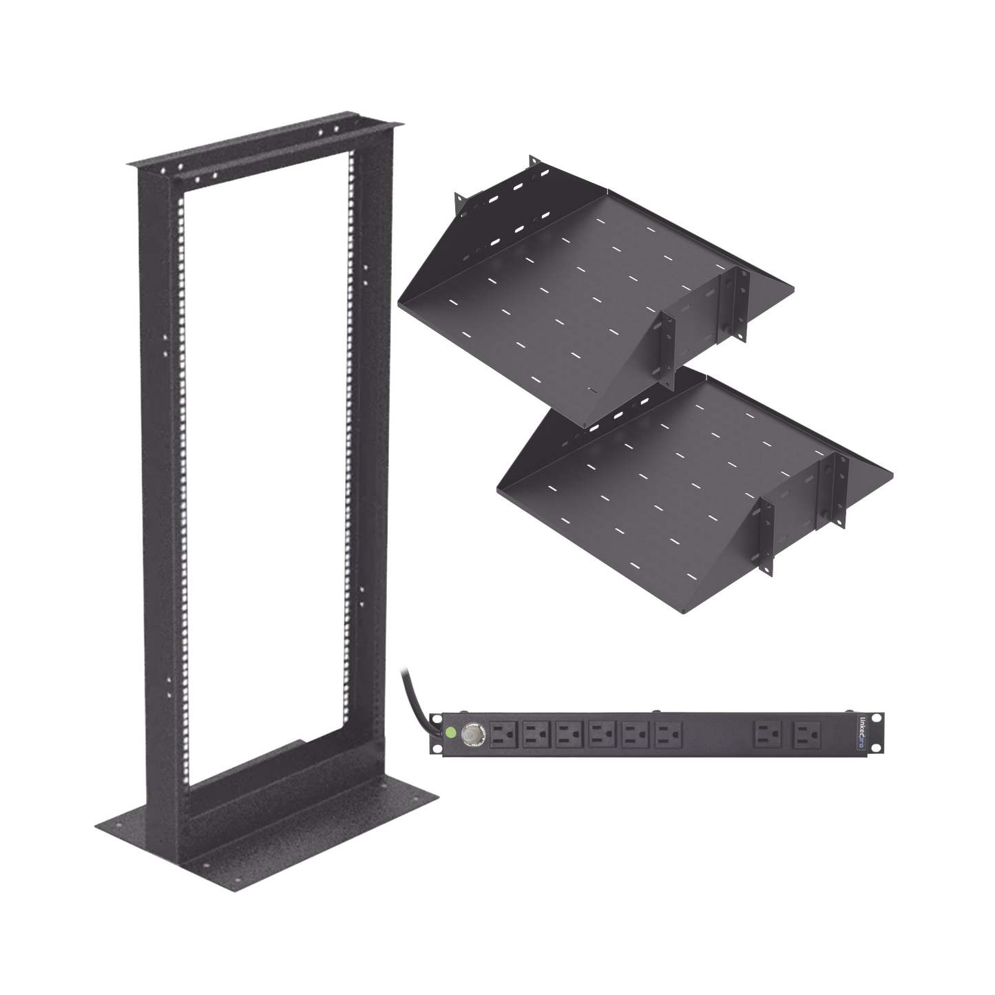 Kit de Rack Estándar 19", 24 UR con 2 Charolas y PDU (8 tomas). Ideal para UPS y Servidores tipo Torre.