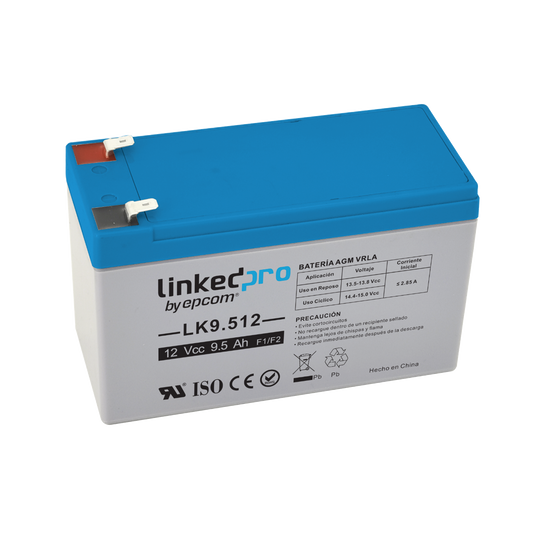 Batería 12 V / 9.5 Ah / UL / Tecnología AGM / Vida útil promedio 5 años / Para uso en equipo electrónico, Alarmas de Intrusión / Incendio/ Control de acceso / Video Vigilancia / Terminales F1 ( Incluye adaptador F