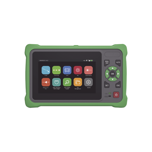 OTDR Touch para Pruebas en los Enlaces de Fibra Óptica / Longitudes de onda 1310nm y 1550nm / Función VFL 10mW / Función OPM / Función de Mapeo de cables de Red RJ45 / Recargable / Distancia de prueba de hasta 260km