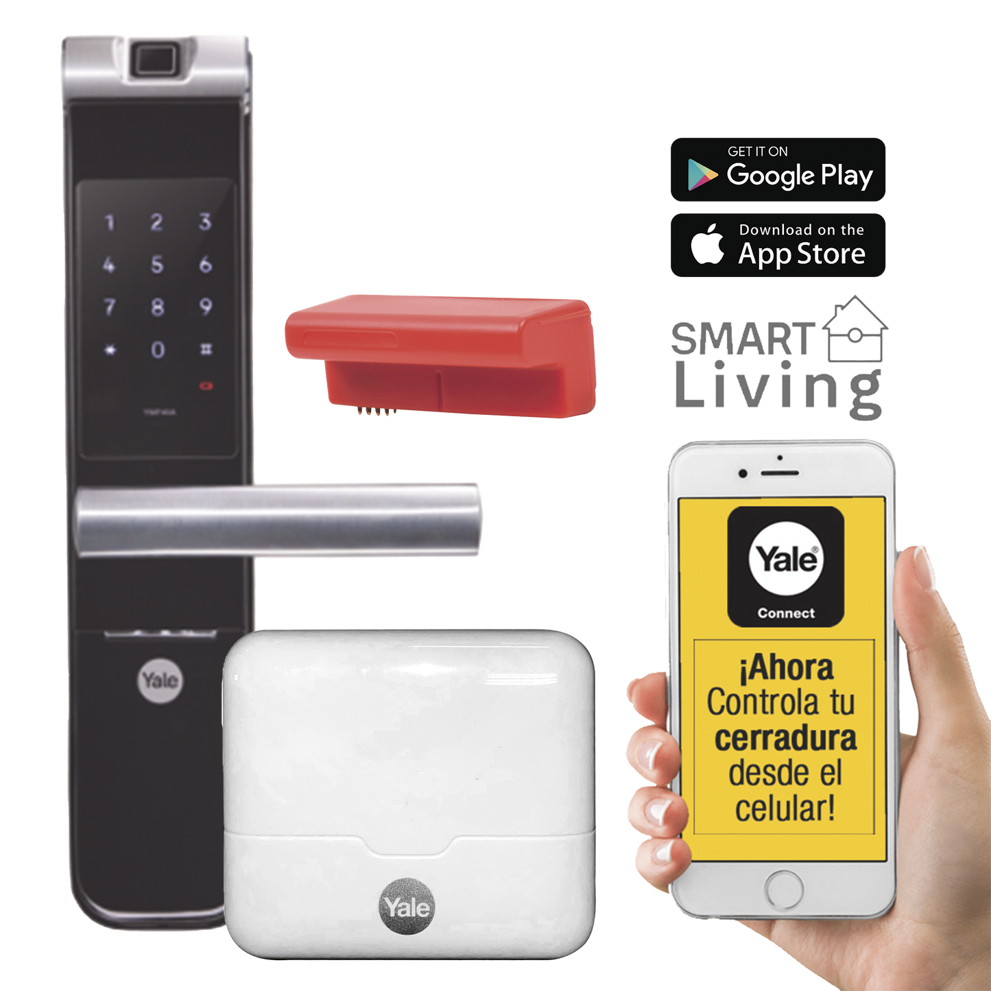 Kit Cerradura con manija YMF40A y HUB, Apertura por, Código, Biometría y apertura por SMARTPHONE, Para puertas de 35 a 90 mm de espesor