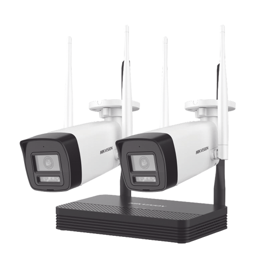 Kit IP Inalámbrico 4 Megapixel / NVS 4 Canales / 2 Cámaras Bala para Exterior con Lente 2.8 mm y Dual Light (30 mts IR + 30 mts Luz Blanca) / Audio Bidireccional (Micrófono y Bocina) / Soporta Micro SD de 512 GB