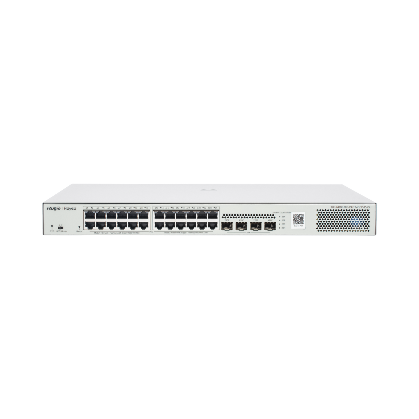 Switch Administrable L2 PoE+ hasta 370W, 24 Puertos Eth 1G, 4 puertos SFP 1G, Administración Remota en la Nube.