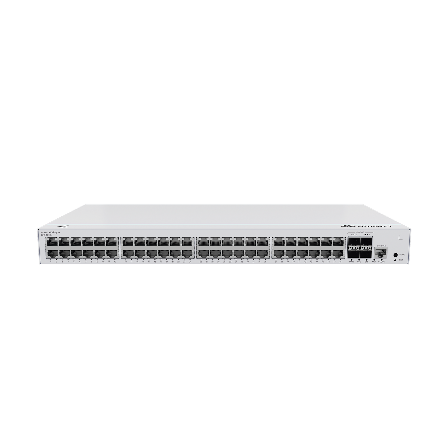Switch de Distribución/Core Gigabit Administrable PoE Capa 3 / 48 puertos 10/100/1000 Mbps (PoE) / 4 Puertos 10GE SFP+ Uplink / ERPS / Rutas Estáticas / iStack / PoE Perpetuo / 380W / Administración Nube Gratis