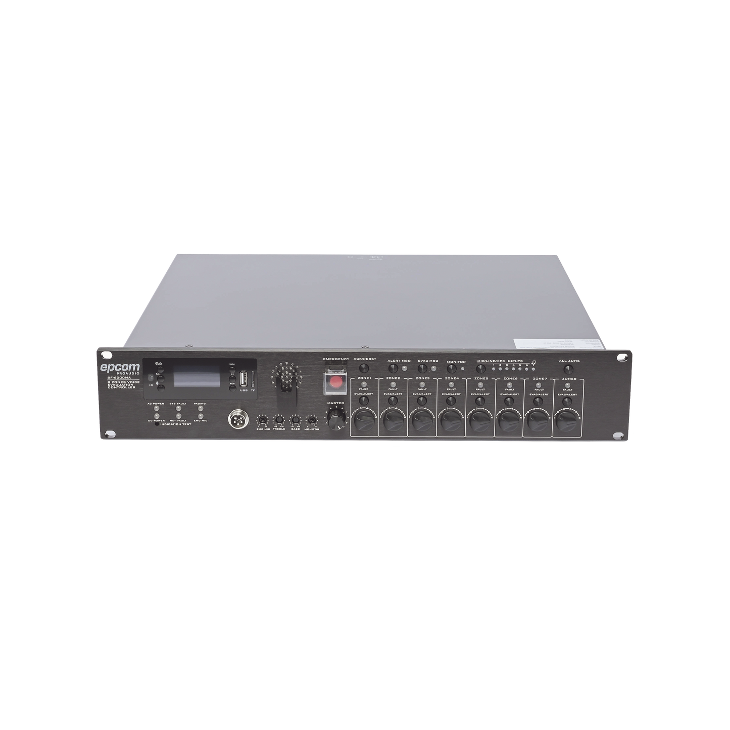 Controlador de Evacuación Por Voz | 500 W | 8 Zonas independientes | 4 entradas de audio y 2 entradas de micrófono